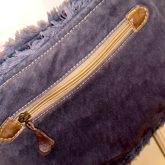 MYRA🌻BAG BOHO Blue Floral Canvas Navy Denim💙Brown LEATHER Handles & Accents - Picture 5 of 16